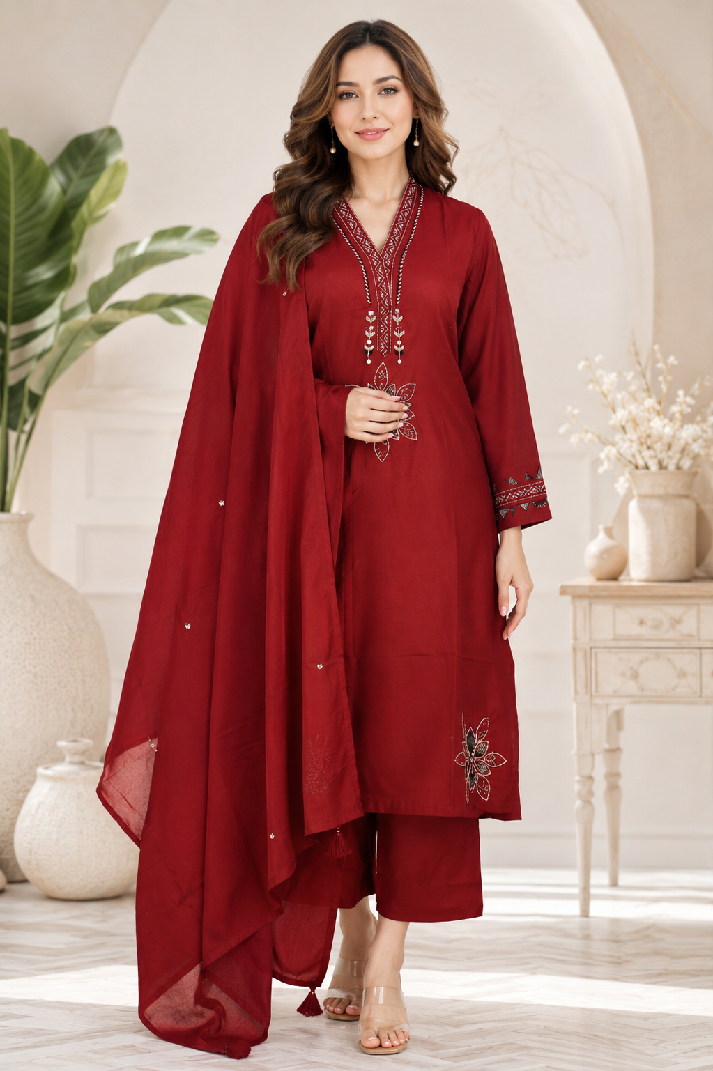 Women's Maroon Embroidered Kurta Pant Dupatta Set | Elegant Ethnic Suit | Festive, Wedding & Party Wear 866PL-449-RST