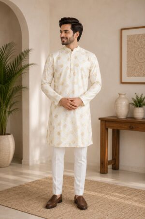 Men's Ivory Jacquard Kurta with White Pajama | Premium Festive Ethnic Wear 1003-437-YLW-EMB