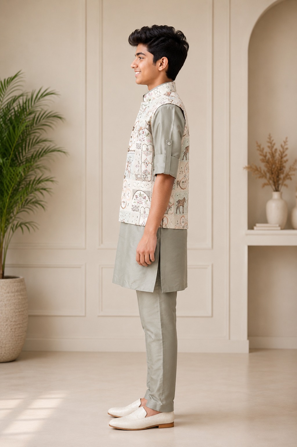 Boys Sage Green Kurta Pajama Set with Printed Nehru Jacket | Premium Festive Ethnic Wear 2521-366-PST-PR - Image 2