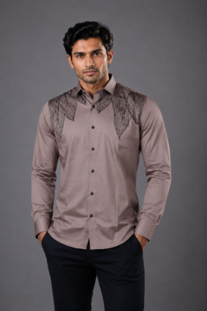 Men's Taupe Embroidered Slim Fit Full Sleeve Casual Shirt | Soft Cotton Blend | Designer Smart Casual & Party Wear 15320-401-D ONN