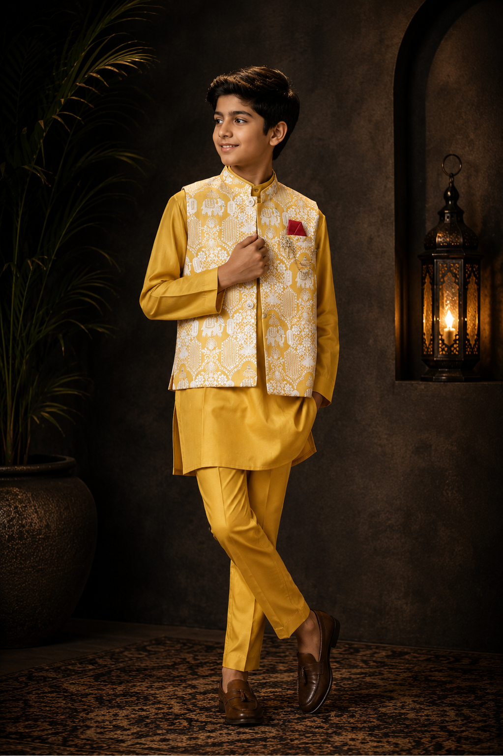 Boys Mustard Yellow Kurta Pajama Set with Printed Nehru Jacket | Festive Ethnic Wear 1008-425-MST-PR