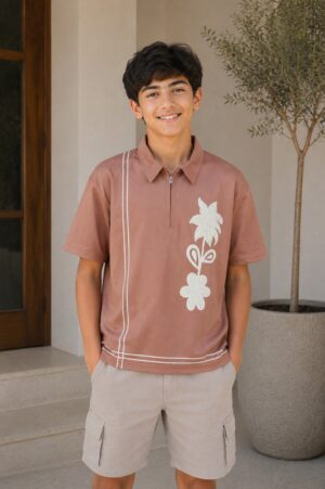 Boys Dusty Rose Floral Print Polo Collar Cotton T-Shirt | Casual Half Sleeve Summer Tee 6521-268-LON-PR