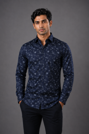 Men's Navy Blue Floral Printed Slim Fit Casual Shirt | Full Sleeve Cotton Blend Shirt 3153-438-NBU-PR
