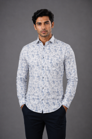 Men's White & Sky Blue Floral Printed Full Sleeve Casual Shirt | Slim Fit | Button-Down | Premium Cotton Blend | Office & Casual Wear 10153-438-WHT.PR