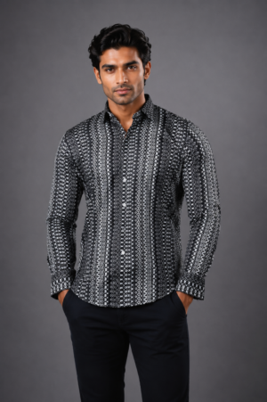 Men's Black Geometric Printed Slim Fit Full Sleeve Casual Shirt | Soft Cotton Blend | Stylish Smart Casual & Party Wear 2379-351-BLK WHT