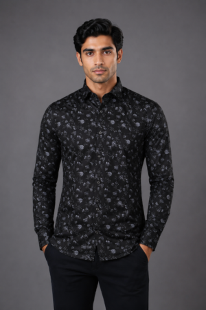 Men's Black Floral Printed Full Sleeve Casual Shirt | Slim Fit | Button-Down | Premium Cotton Blend | Office & Casual Wear 10153-438-BLK.PR
