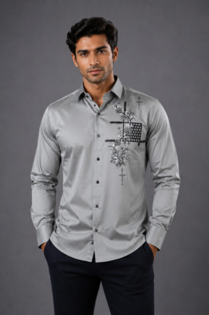 Men's Light Grey Graphic Print Full Sleeve Casual Shirt | Slim Fit | Button-Down | Premium Fabric 16305-401-GRY