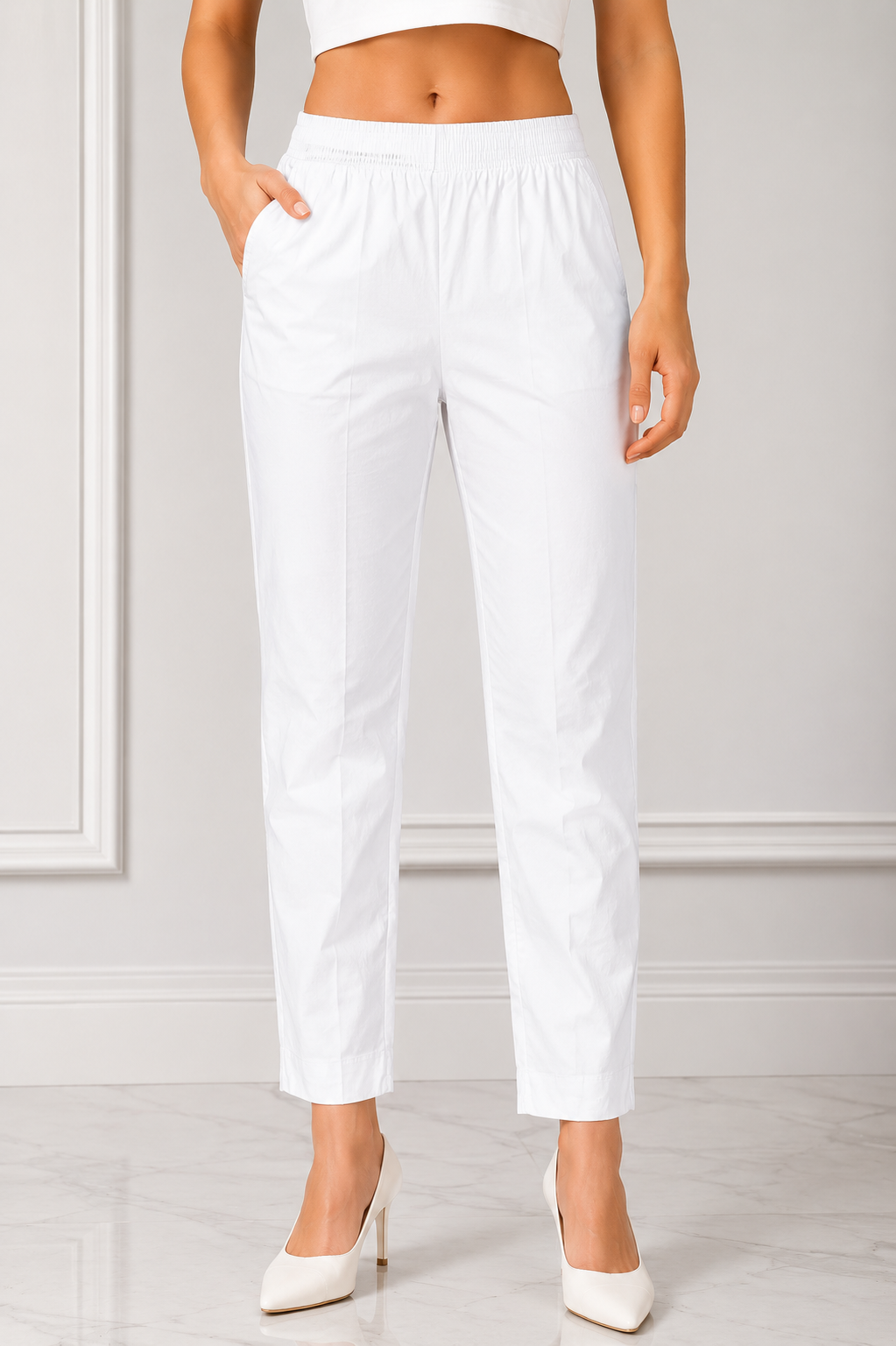 K.N White Lycra Stretch Pocket Pant – Women's Comfortable Everyday Wear K.N-268-2
