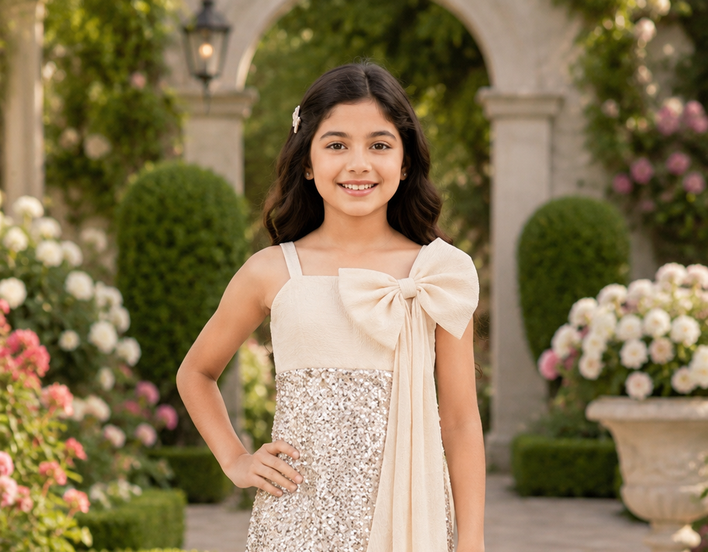 Champagne Gold Sequin Girls Party Wear Dress 26074EM-450-CRM - Image 5