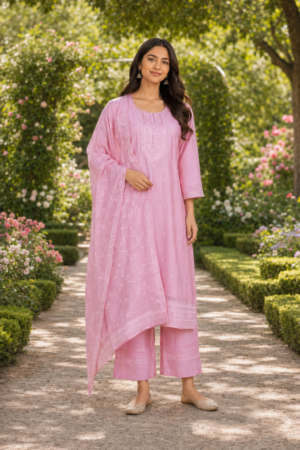 Women's Baby Pink Imported Fabric Embroidered Kurta Set with Dupatta 8853EM-369-PINK