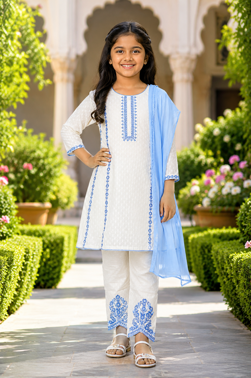 ZK2736 Elegant White & Sky Blue Embroidered Girls Kurta Set with Dupatta ZK2736-204-O WHT