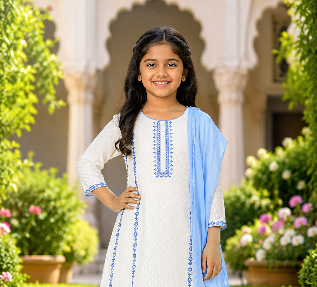 ZK2736 Elegant White & Sky Blue Embroidered Girls Kurta Set with Dupatta ZK2736-204-O WHT - Image 5