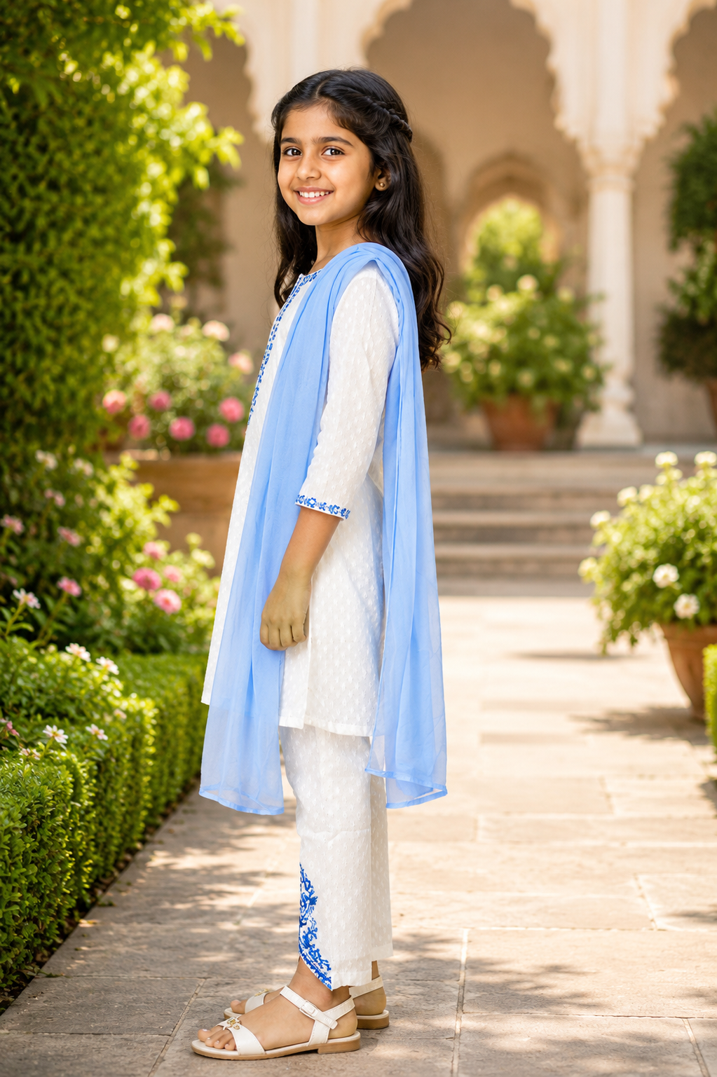 ZK2736 Elegant White & Sky Blue Embroidered Girls Kurta Set with Dupatta ZK2736-204-O WHT - Image 2