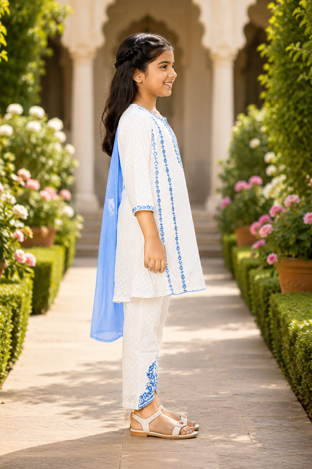 ZK2736 Elegant White & Sky Blue Embroidered Girls Kurta Set with Dupatta ZK2736-204-O WHT - Image 4