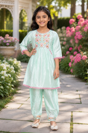 Girls’ Mint Green Embroidered Kurta Pant Set in Malk Cotton ZM1259-204-PGN