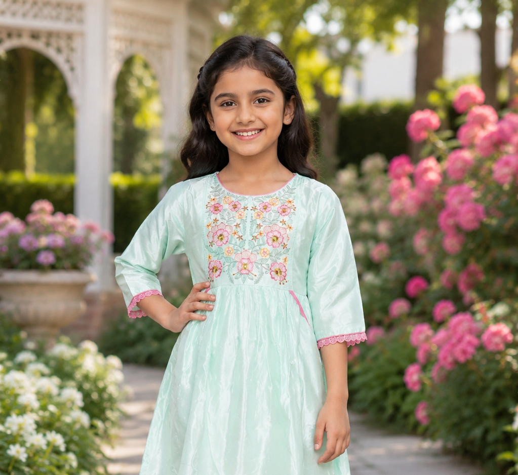 Girls’ Mint Green Embroidered Kurta Pant Set in Malk Cotton ZM1259-204-PGN - Image 2