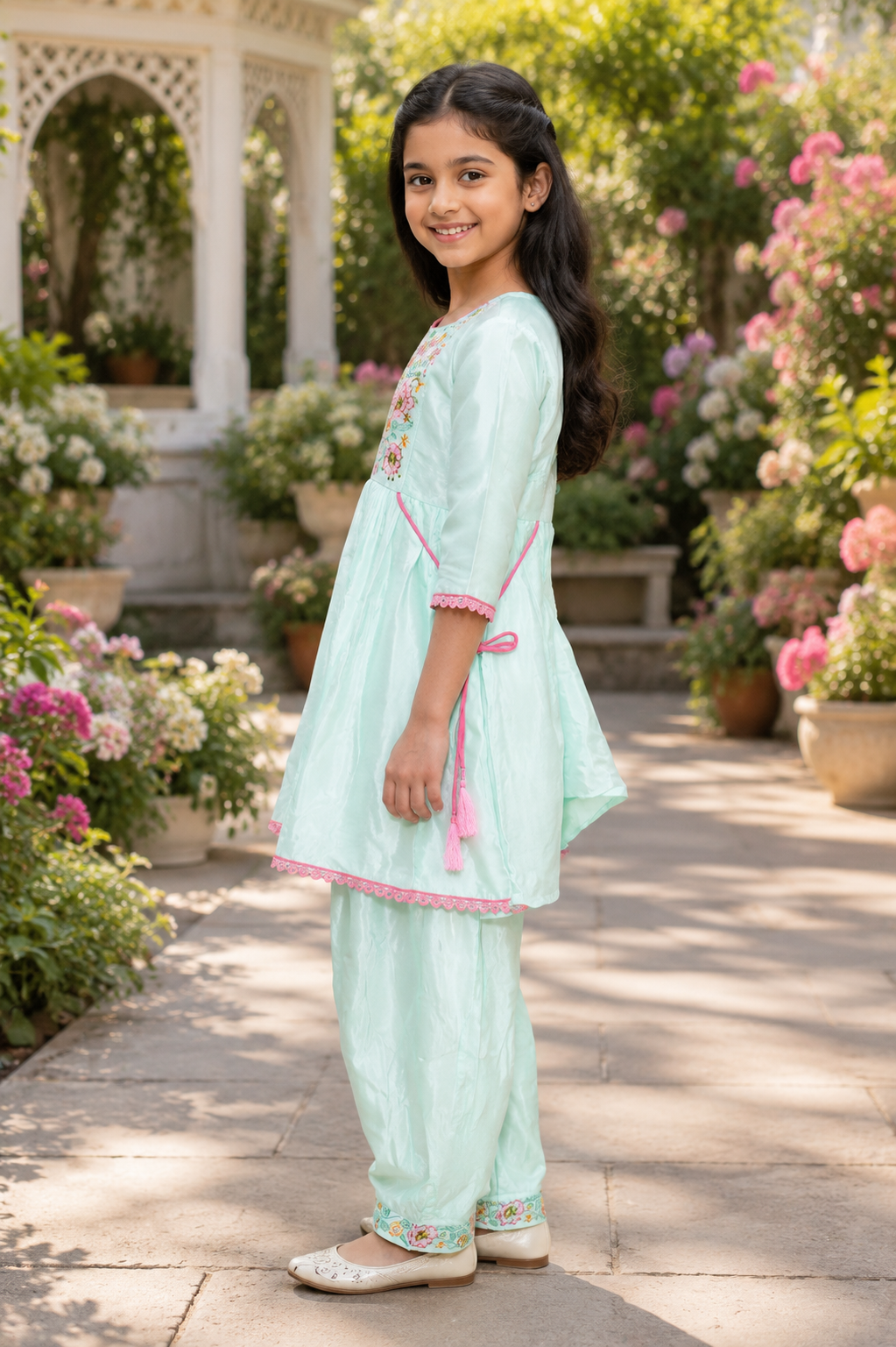 Girls’ Mint Green Embroidered Kurta Pant Set in Malk Cotton ZM1259-204-PGN - Image 3