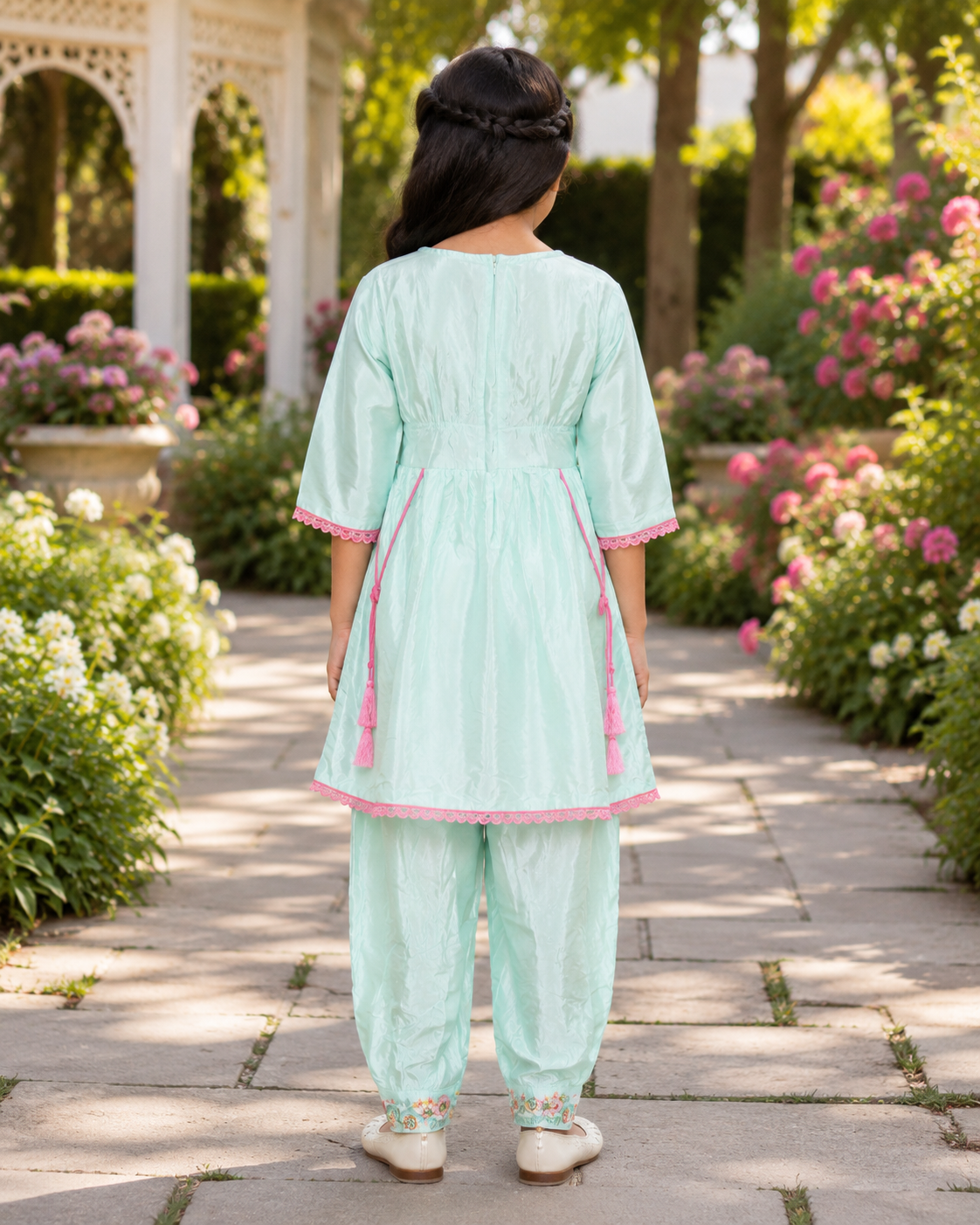 Girls’ Mint Green Embroidered Kurta Pant Set in Malk Cotton ZM1259-204-PGN - Image 4