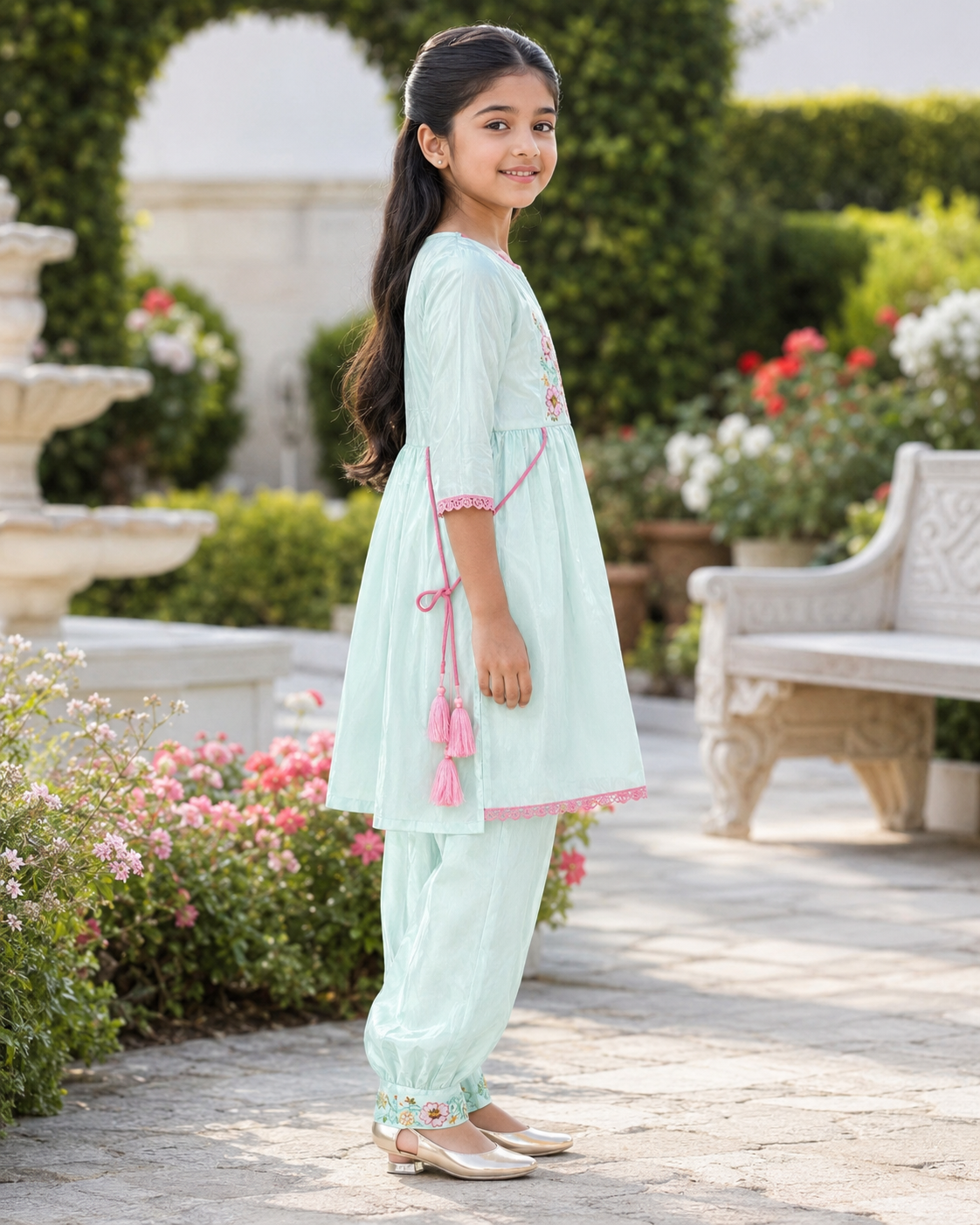 Girls’ Mint Green Embroidered Kurta Pant Set in Malk Cotton ZM1259-204-PGN - Image 5