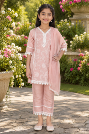 ZM1304 Girls’ Blush Pink Embroidered Kurta Pant Set with Dupatta in Mall Cotton ZM1304-204-PCH