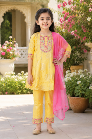 ZM1305 Sunshine Yellow Embroidered Girls Kurta Set with Pink Dupatta  ZM1305-204-YLW