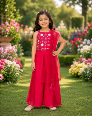 Ruby Red Embroidered Girls Party Wear Sharara Set 8586-439-RNI