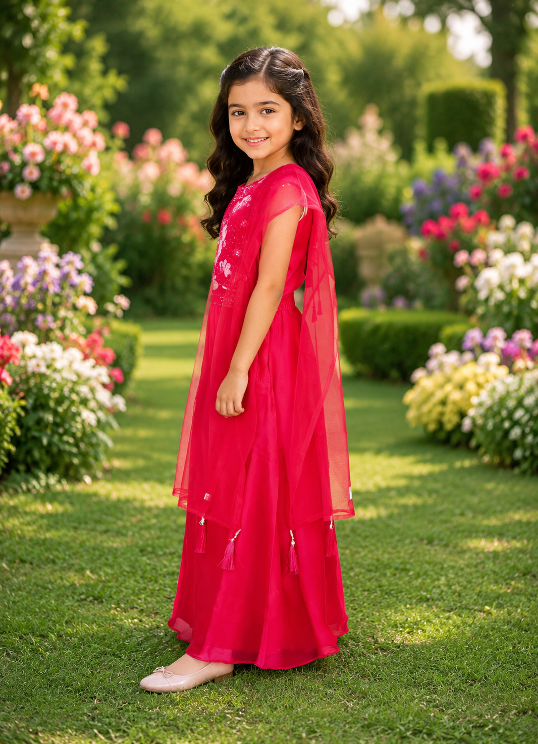 Ruby Red Embroidered Girls Party Wear Sharara Set 8586-439-RNI - Image 2