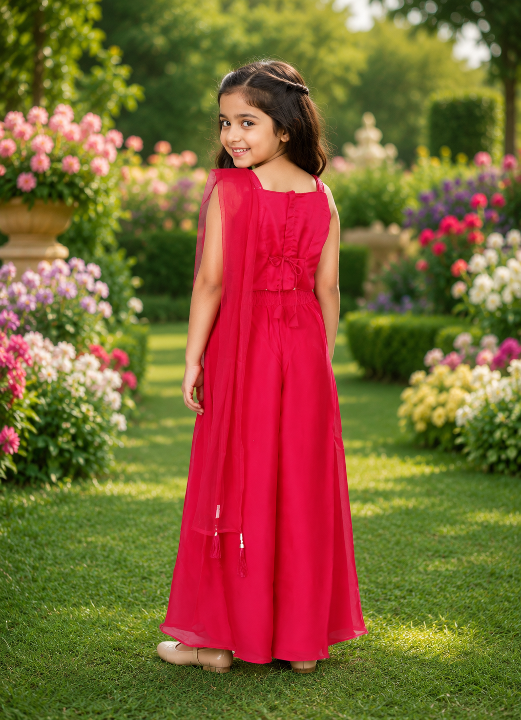 Ruby Red Embroidered Girls Party Wear Sharara Set 8586-439-RNI - Image 3