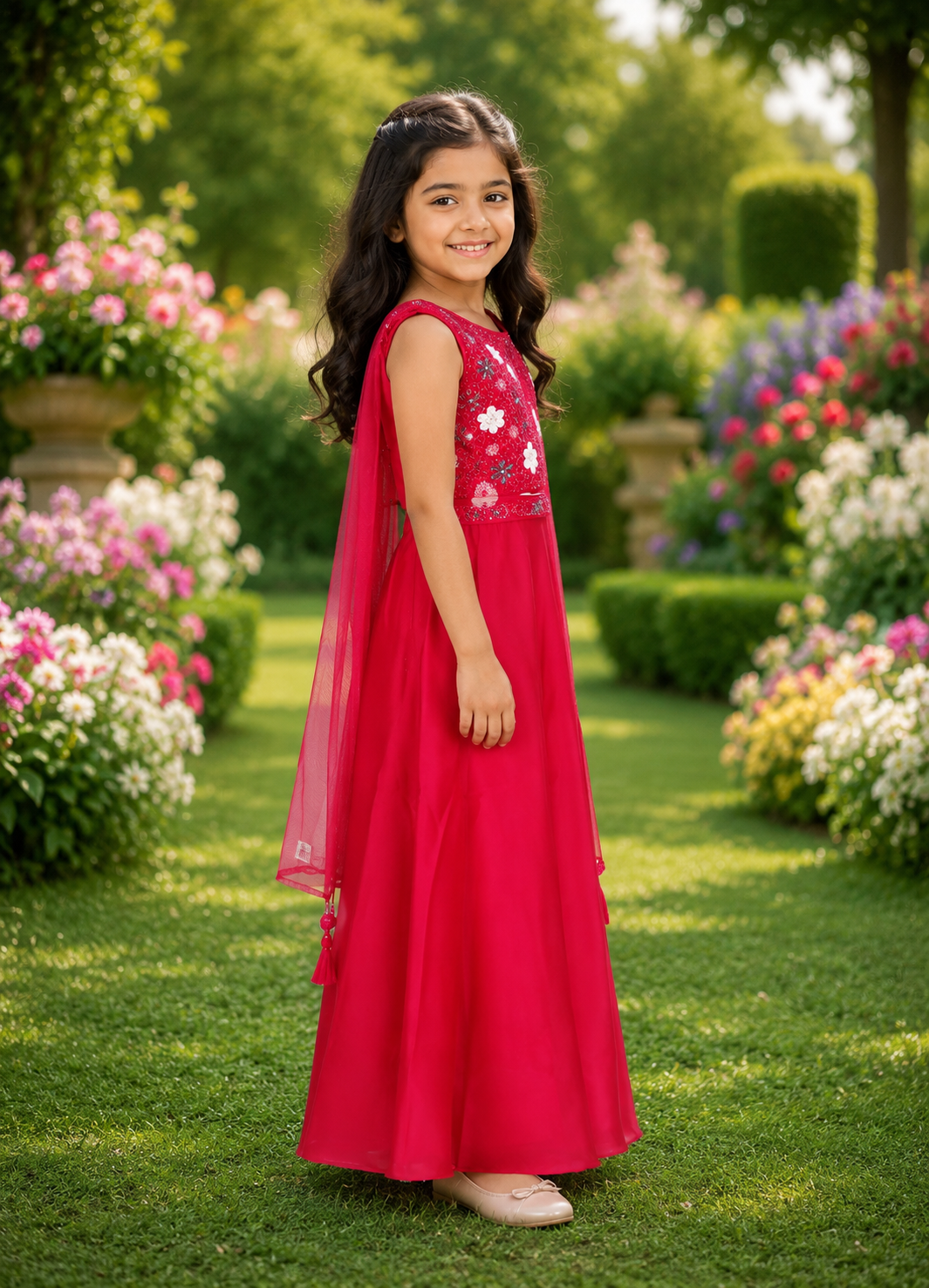 Ruby Red Embroidered Girls Party Wear Sharara Set 8586-439-RNI - Image 4