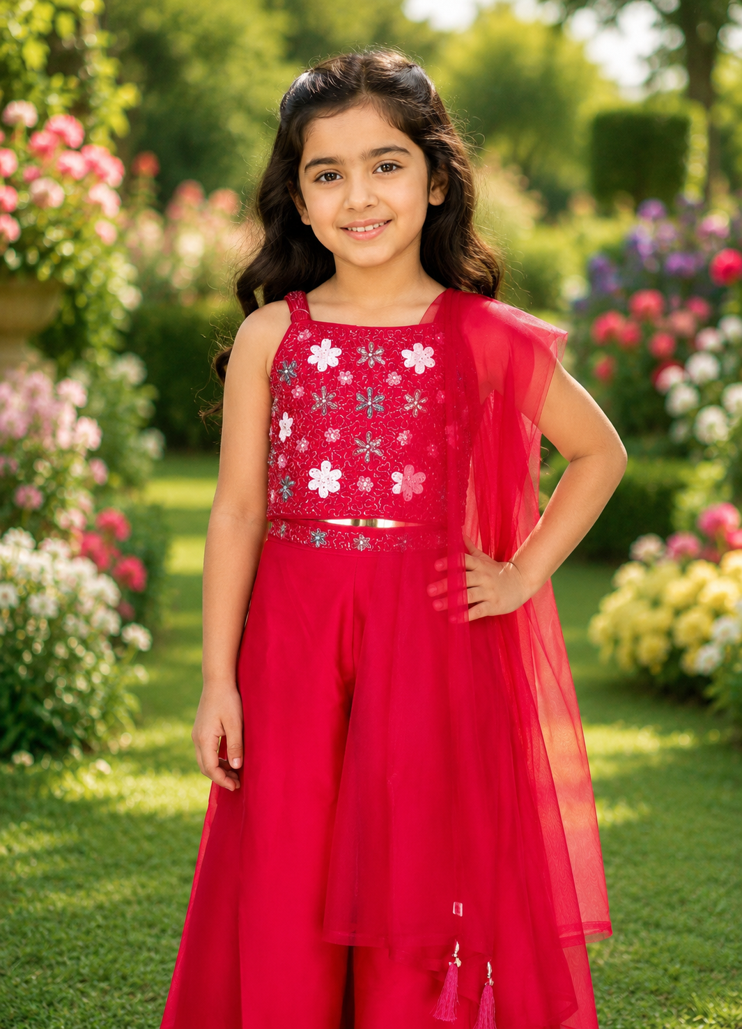 Ruby Red Embroidered Girls Party Wear Sharara Set 8586-439-RNI - Image 5