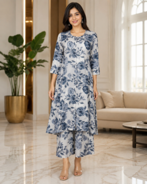 Women’s Blue Floral Printed Kurta Palazzo Co-ord Set in Mall Cotton NP010A-349-L BLU