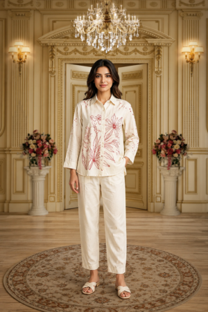 17C Women’s Ivory Botanical Print Shirt & Straight Pant Co-ord Set in Mall Cotton  17C-23-O WHITE