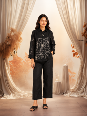 17C Women’s Black Botanical Embroidered Shirt & Wide-Leg Pant Co-ord Set in Mall Cotton 17C-23-BLK