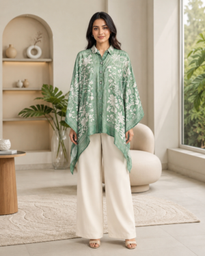 Women’s Sage Green Floral Kaftan Shirt with Ivory Wide-Leg Pants in Mall Cotton 774MK-214-SFM