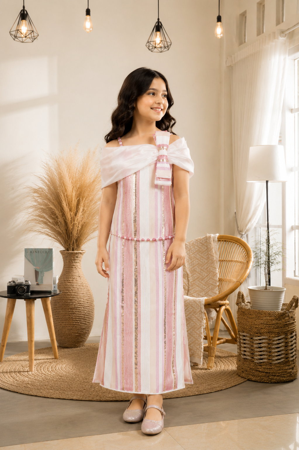 Elegant Blush Pink Girls Ethnic Gown with Cape 8828EM-450-PINK