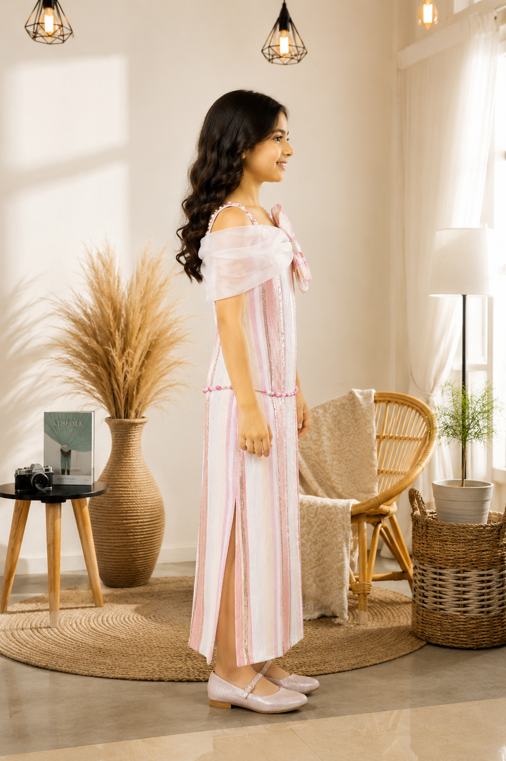 Elegant Blush Pink Girls Ethnic Gown with Cape 8828EM-450-PINK - Image 2