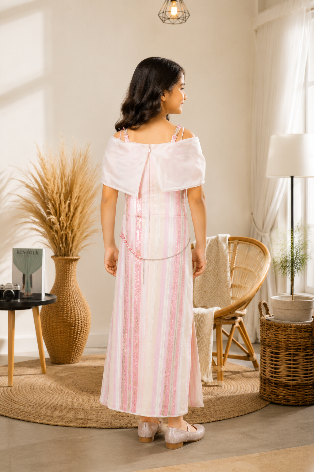 Elegant Blush Pink Girls Ethnic Gown with Cape 8828EM-450-PINK - Image 3