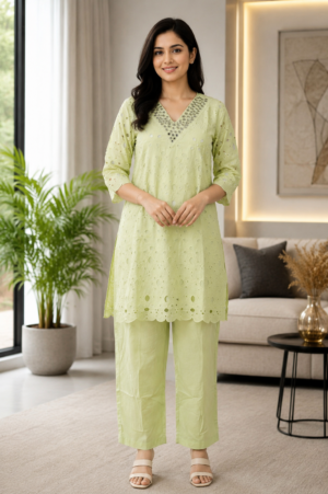 1089 Women’s Pastel Lime Green Eyelet Kurta Pant Co-ord Set in Mall Cotton 1089-429-L GRN
