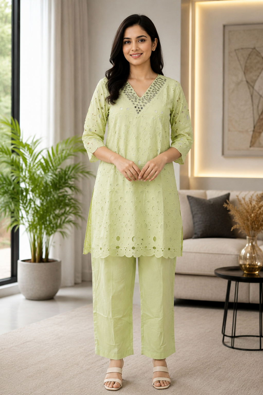 1089 Women’s Pastel Lime Green Eyelet Kurta Pant Co-ord Set in Mall Cotton 1089-429-L GRN