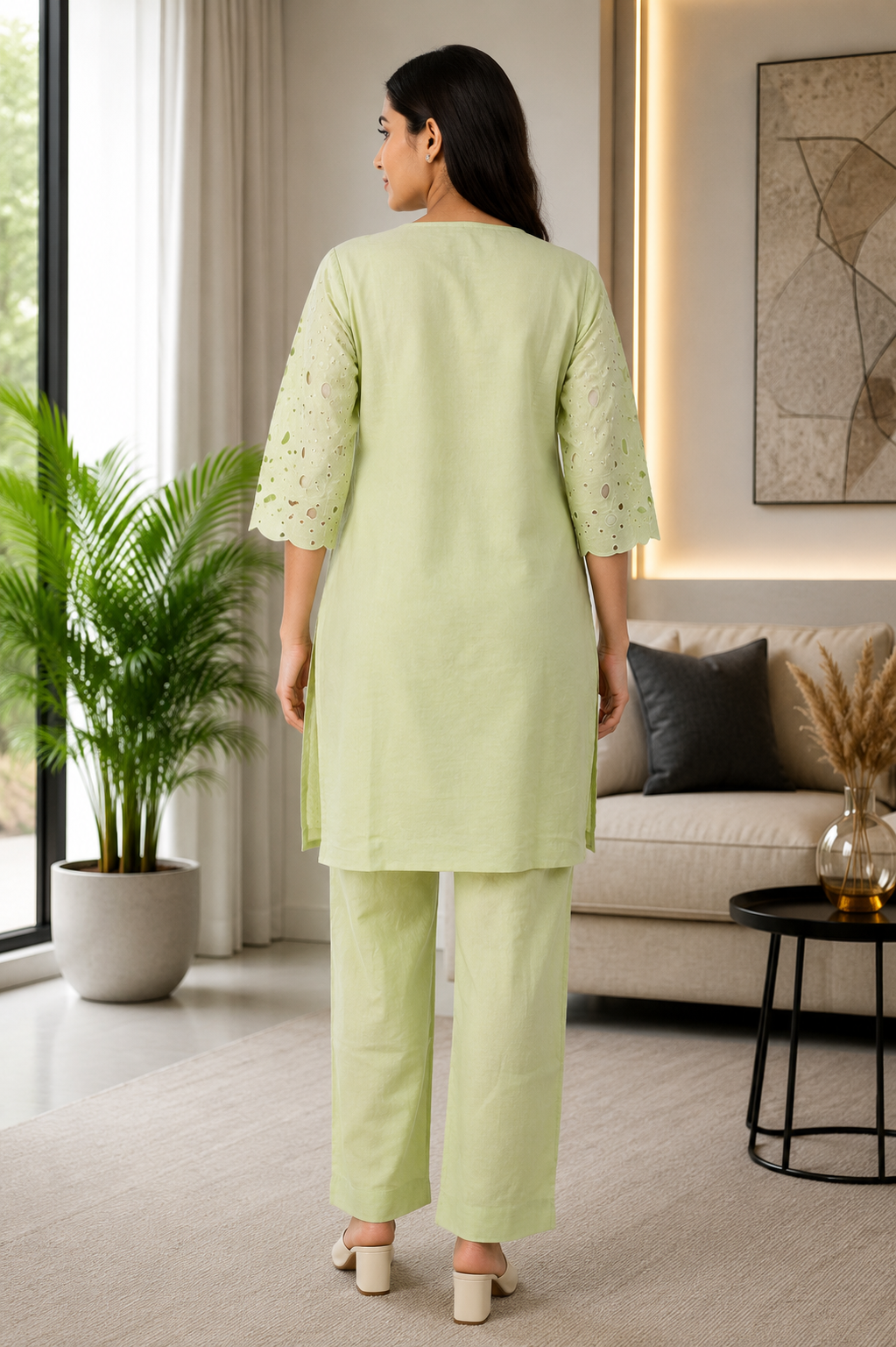1089 Women’s Pastel Lime Green Eyelet Kurta Pant Co-ord Set in Mall Cotton 1089-429-L GRN - Image 2