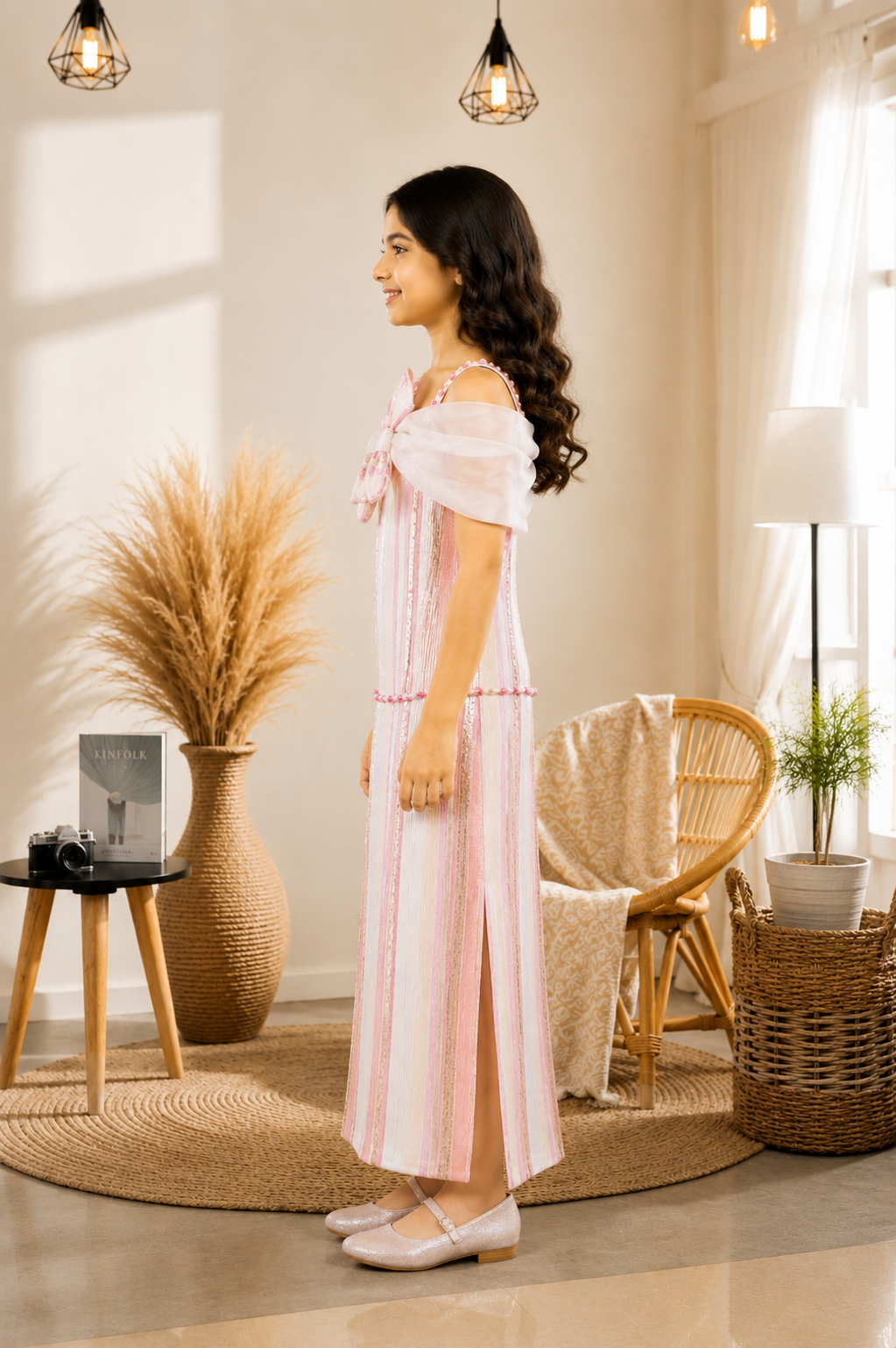 Elegant Blush Pink Girls Ethnic Gown with Cape 8828EM-450-PINK - Image 4