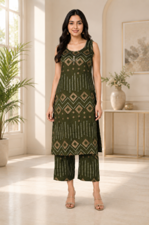 33920 Women’s Olive Green Geometric Print Kurta Pant Co-ord Set in Mall Cotton 33920-T337-D GRN