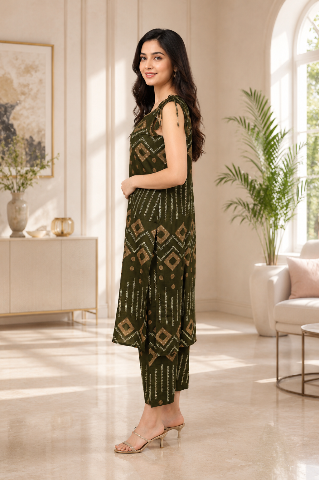33920 Women’s Olive Green Geometric Print Kurta Pant Co-ord Set in Mall Cotton 33920-T337-D GRN - Image 4