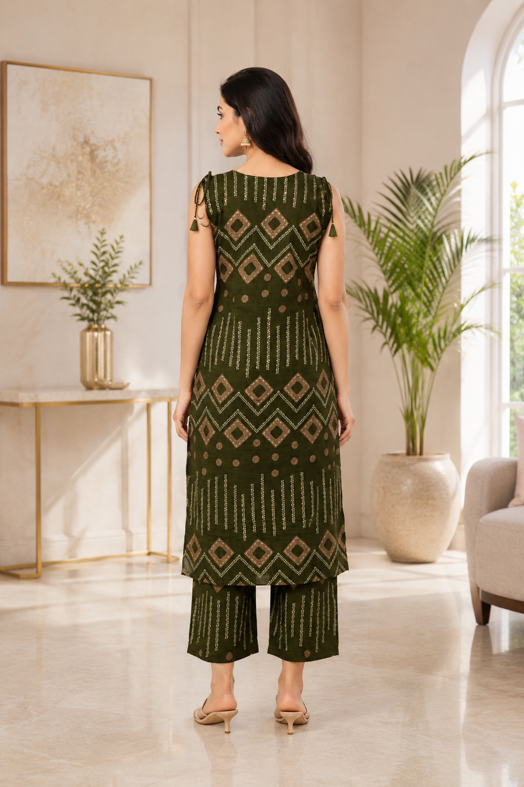 33920 Women’s Olive Green Geometric Print Kurta Pant Co-ord Set in Mall Cotton 33920-T337-D GRN - Image 3
