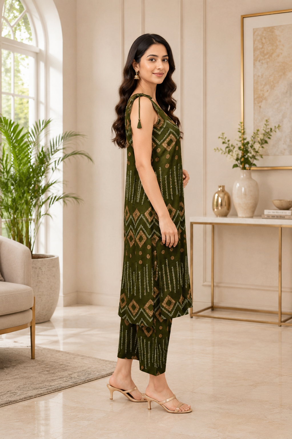 33920 Women’s Olive Green Geometric Print Kurta Pant Co-ord Set in Mall Cotton 33920-T337-D GRN - Image 2