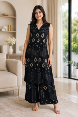 Elegant Black Geometric Print Mall Cotton Kurta & Palazzo Set for Women CS008-345-BLK
