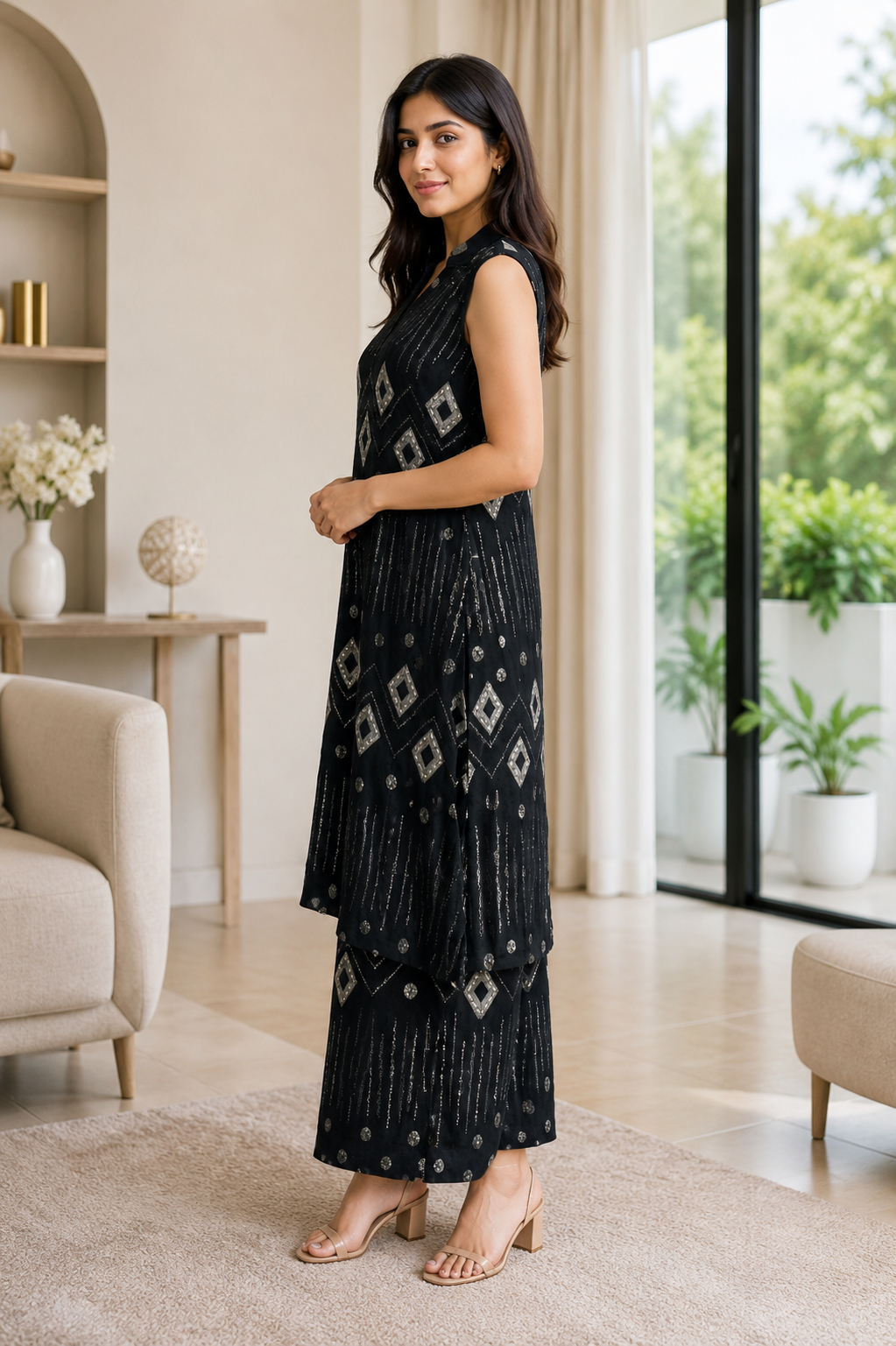 Elegant Black Geometric Print Mall Cotton Kurta & Palazzo Set for Women CS008-345-BLK - Image 4