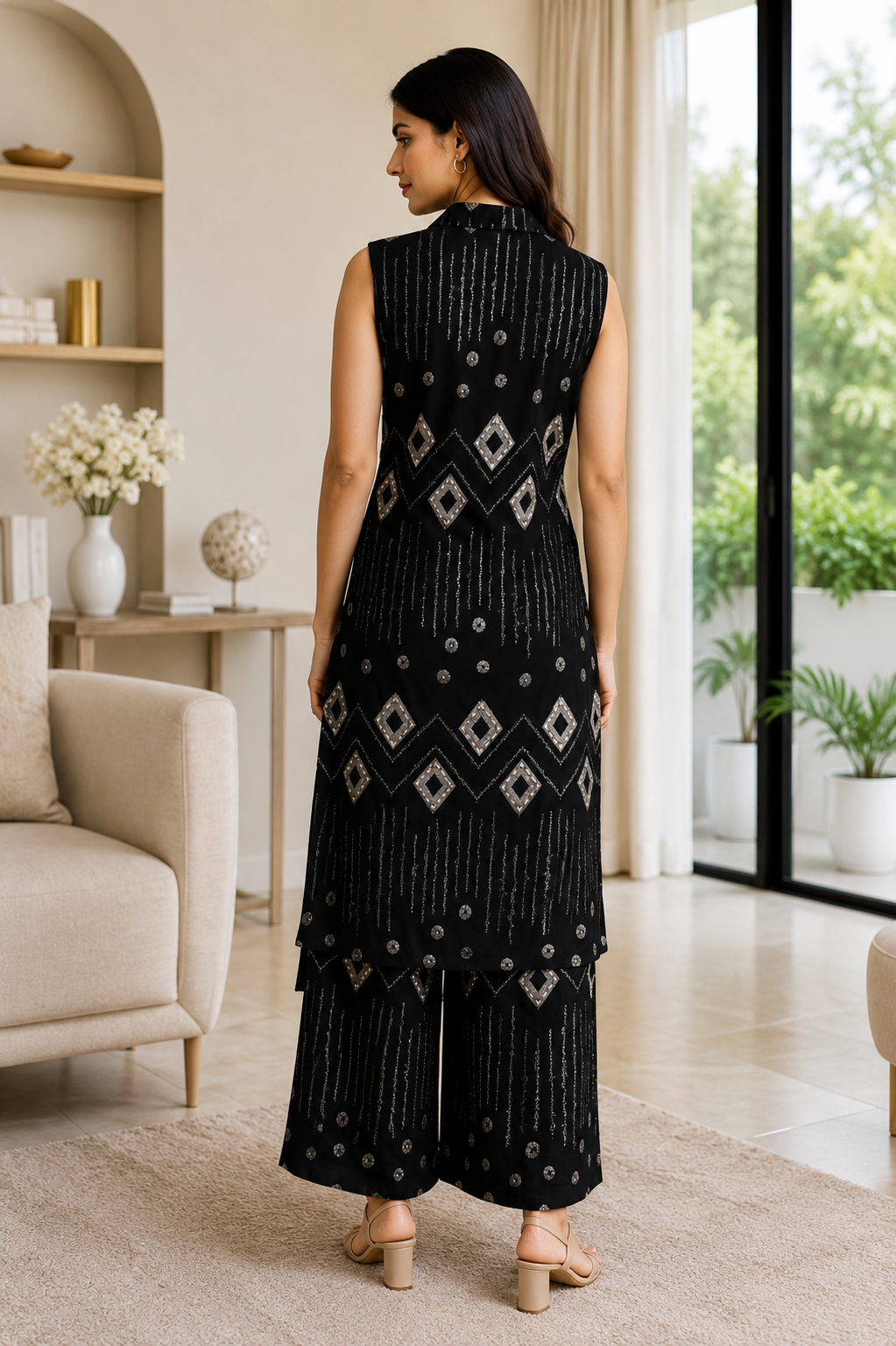 Elegant Black Geometric Print Mall Cotton Kurta & Palazzo Set for Women CS008-345-BLK - Image 3