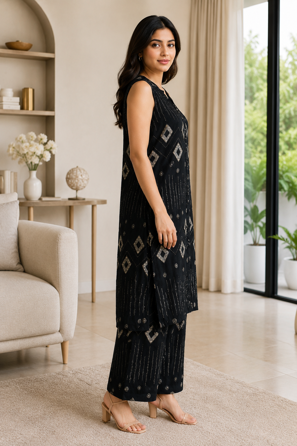 Elegant Black Geometric Print Mall Cotton Kurta & Palazzo Set for Women CS008-345-BLK - Image 2