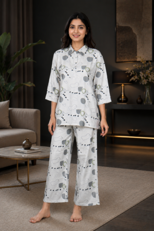 43289 Premium White Abstract Print Mall Cotton Night Suit Co-Ord Set for Women 43289-268-WHT